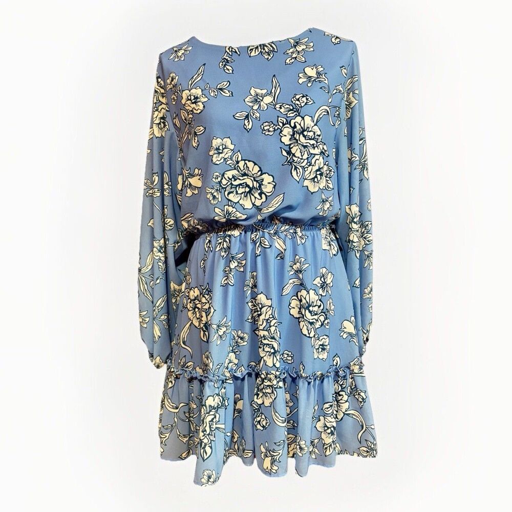 Flying Tomato Blue Floral Balloon Long Sleeve Dress Women's Size Large Wedding